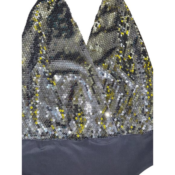 Silver Sequin Halter Bodysuit Size Large Sexy Glam Bling Y2K Club Stripper Disco - Picture 3 of 5